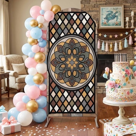 Classic Antique Dial Arch Backdrop Covers 5 FT Industrial Floral Leaves Gears Brown Stretchy Fitted Arched Stand Covers Party Arch Stand Cover Photo Booth for Wedding Birthday Decor