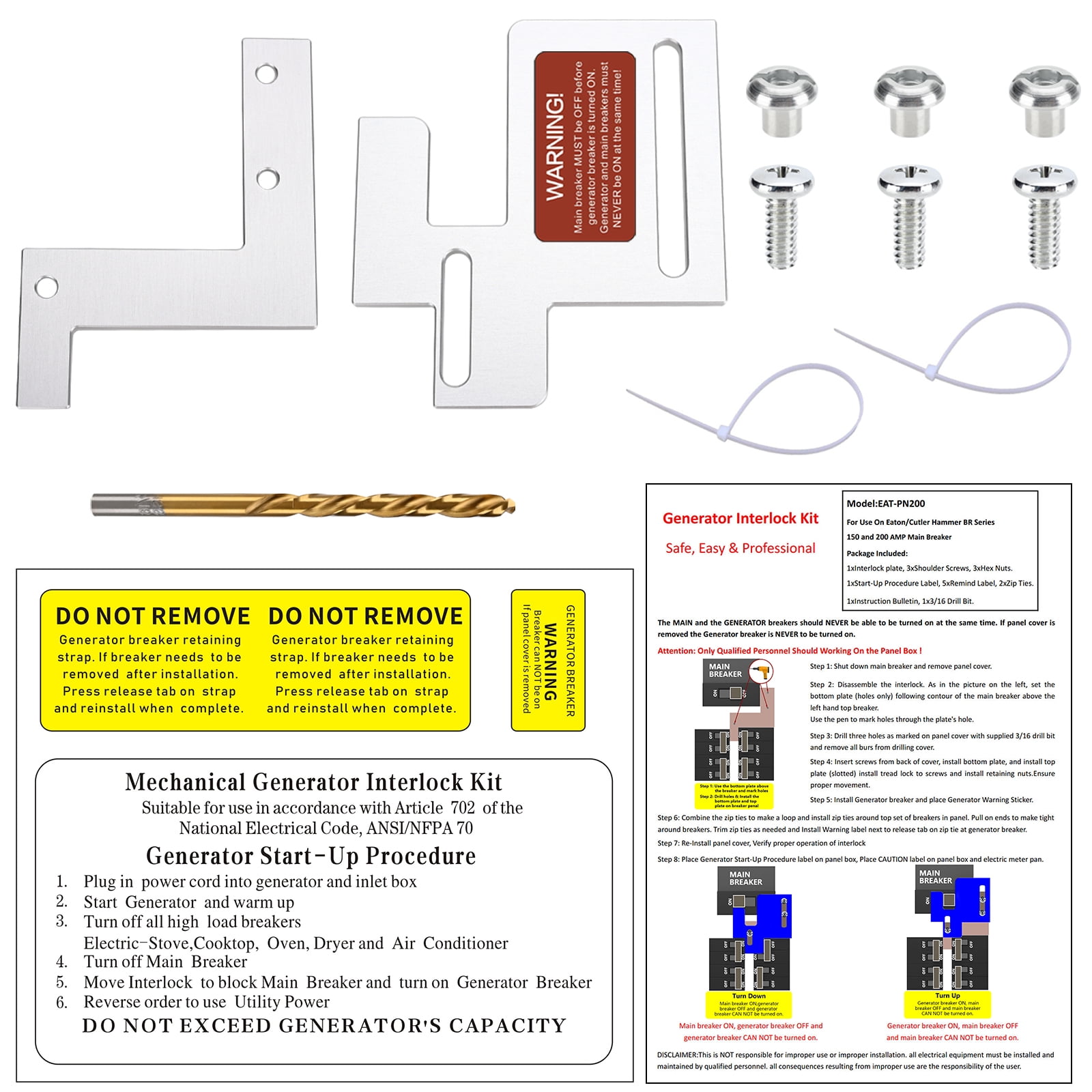 Generator Interlock Kit Compatible With Eaton Or Cutler Hammer Vertical Throw CH Series 150 Or 200 Amp, 2 1/4" Spacing Between Main And Branch Breakers