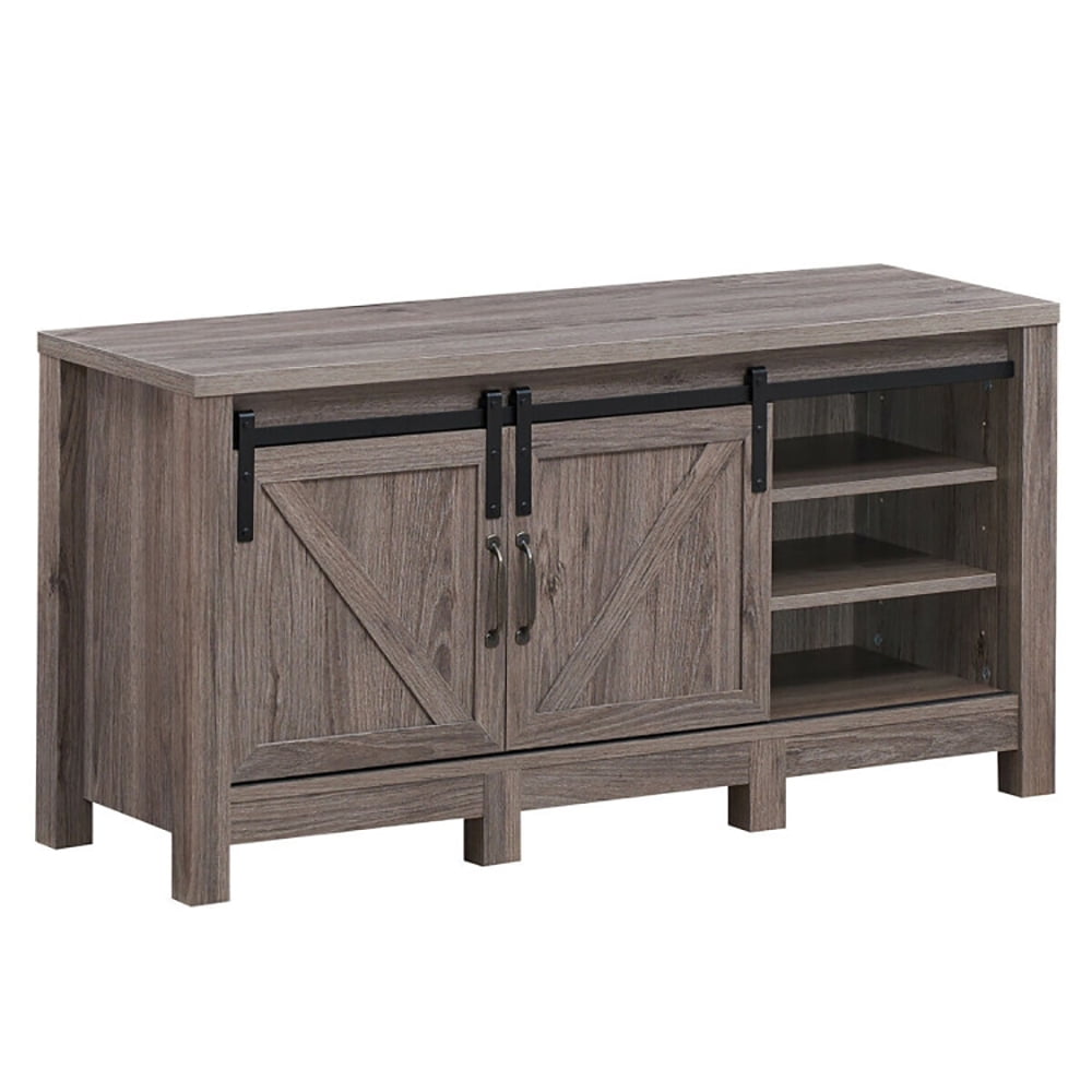 Finihen TV Stand, TV Cabinet, 55 Inch TV Sliding Barn Door Entertainment Center with Adjustable Shelves, Media Entertainment Center with Storage, for Living Room, Bedroom, Brown