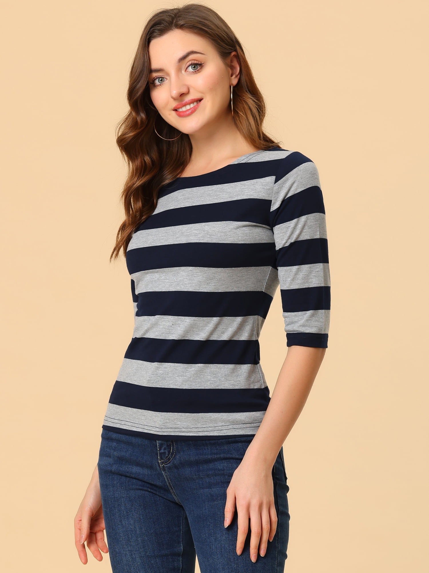 DARING DIVA Women's Halloween Costume Boat Neck Top T-Shirts M Navy Gray