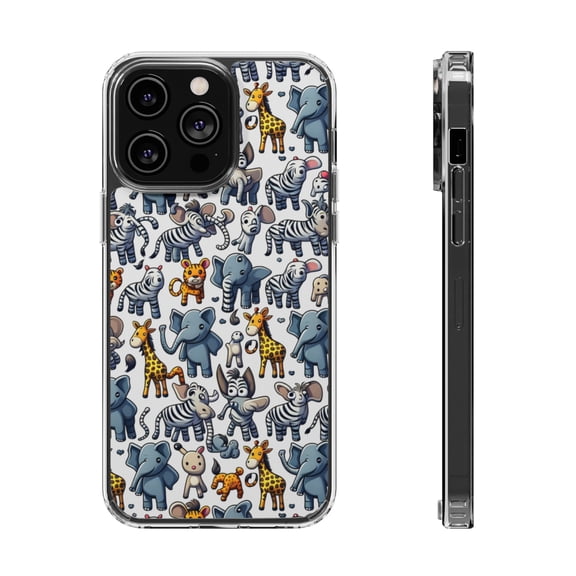 DistinctInk Clear Hybrid Case for Apple iPhone 13 Pro Max (6.7" Screen) - Whimsical Jungle: Cartoon Animal Pattern - Shockproof Protection