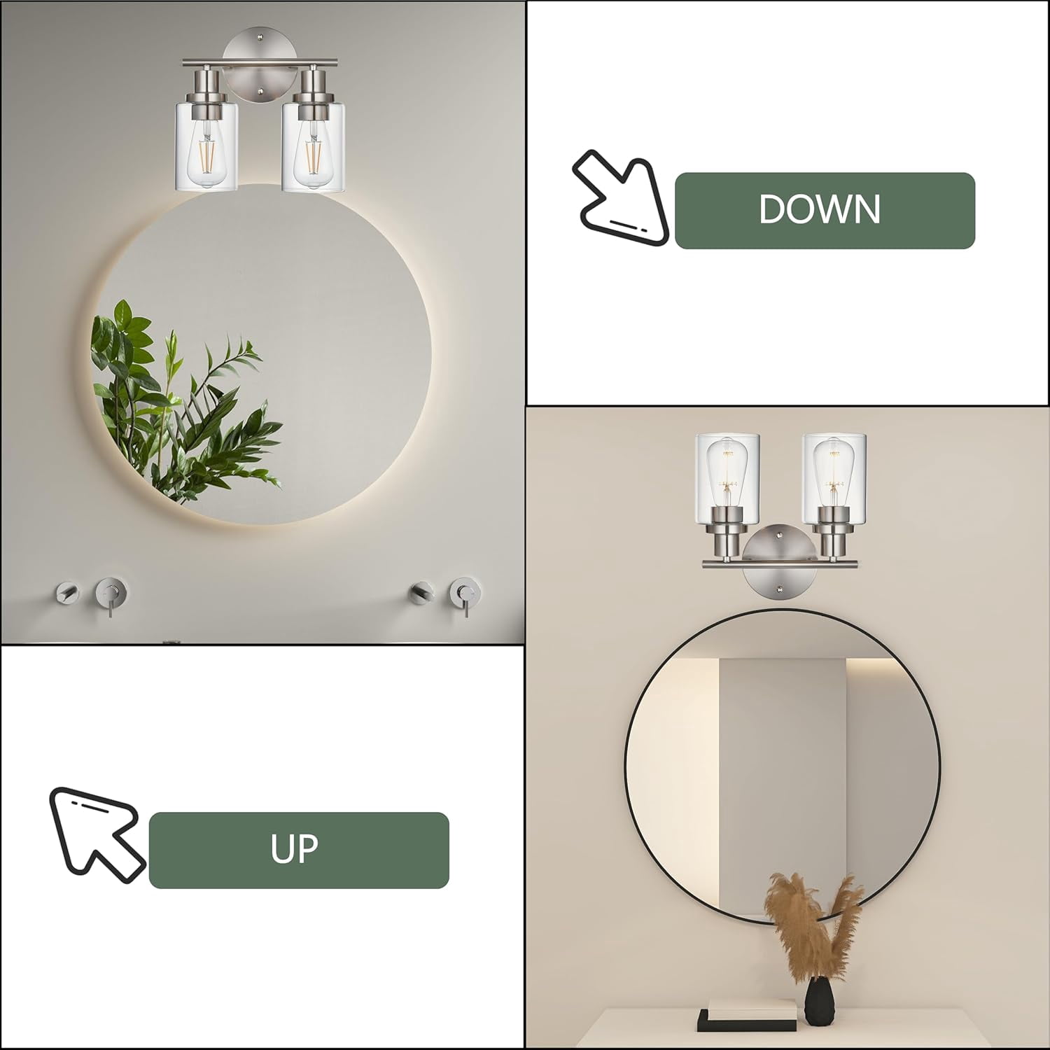 Melucee 2-light Vanity Light with Round Plate – Brushed Nickel Modern Bathroom Light Fixture, Dimmable Wall Sconce for Mirror, Bedroom, Makeup Area