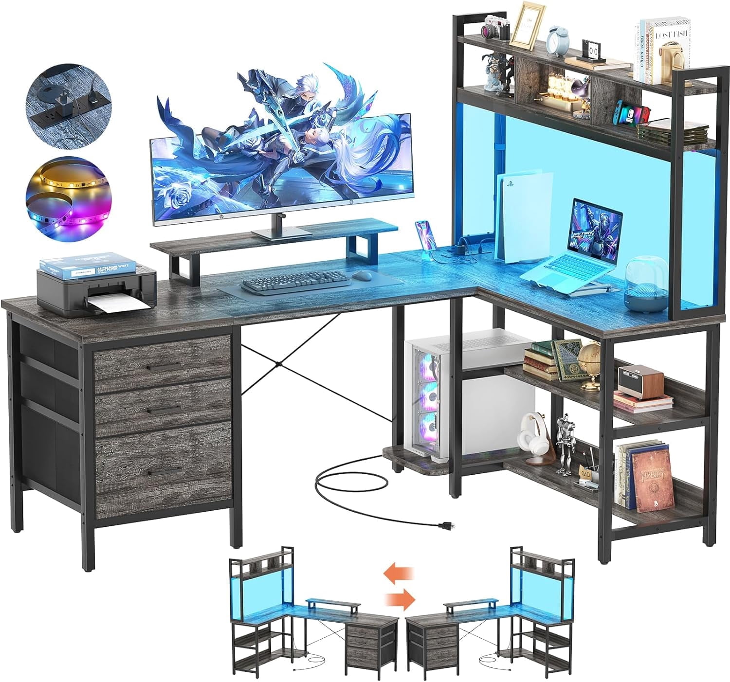Homieasy 58.7'' L Shaped Computer Desk with Hutch, Power Outlets, LED Lights & Storage Drawers, for Home & Office, Gray Oak