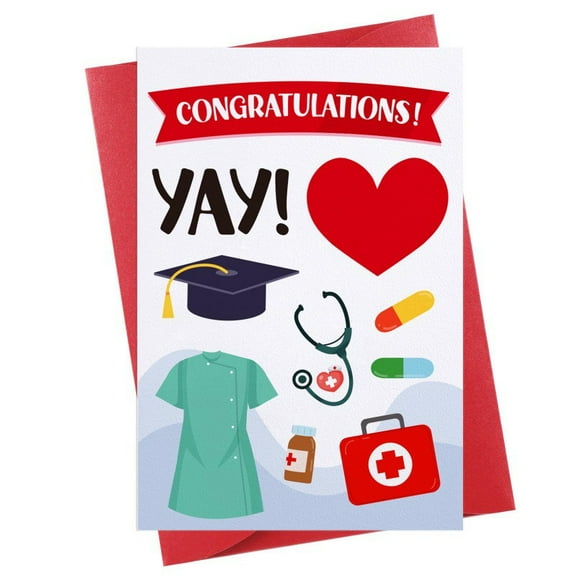 Congratulations Card for Nursing Graduates – “YAY! Heart” Design with Graduation Cap and Medical Icons – Matching Red Envelope Included