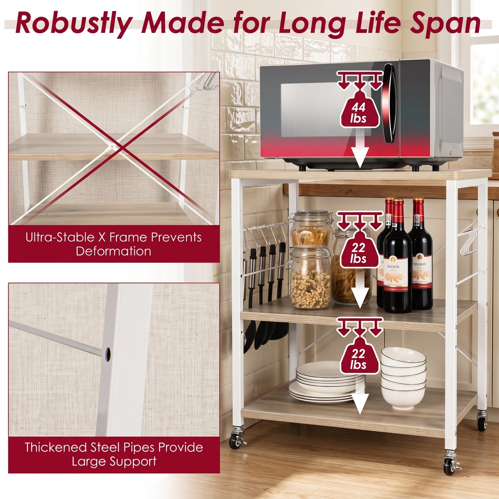 RUIE 3-Tier Kitchen Baker's Rack Microwave Oven Storage Cart with 10 Hooks, 4 Casters and Adjustable Shelf for Coffee Bar Dining Room, Light Brown