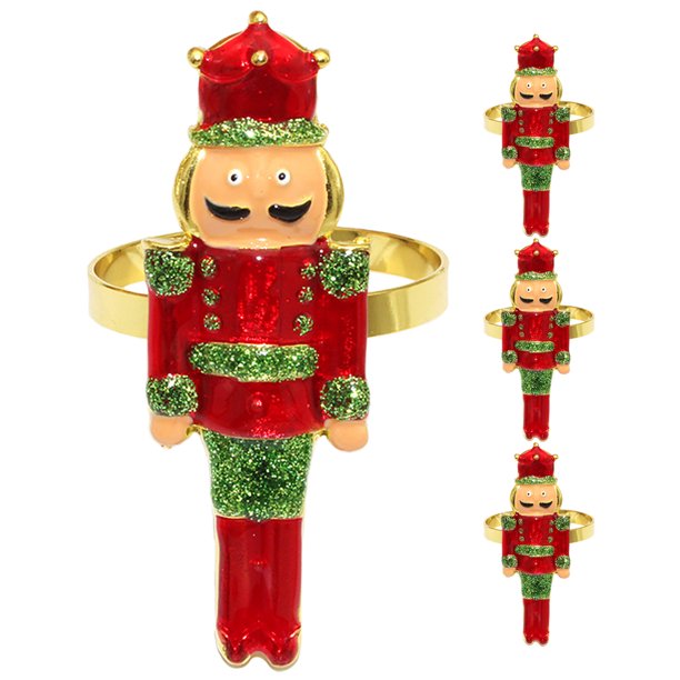 KAKOWELY 4 anillos para servilletas navideños de aleación con forma de cascanueces, hebillas para servilletas de tela, decoración para mesas de cenas y fiestas navideñas.