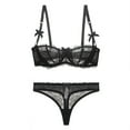 thumbnail image 3 of Uhndy Women's Balconette Bra Demi-Cup Bra Underwire Sexy Casual Solid Lace Bra and Thongs Bra Set Black 34E Bra, 3 of 6