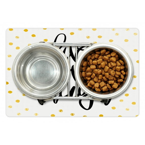 Live Laugh Love Pet Mat for Food and Water, Hand Lettering on Dotted Backdrop Inspirational Phrase, Non-Slip Rubber Mat for Dogs and Cats, 18" X 12", by Ambesonne