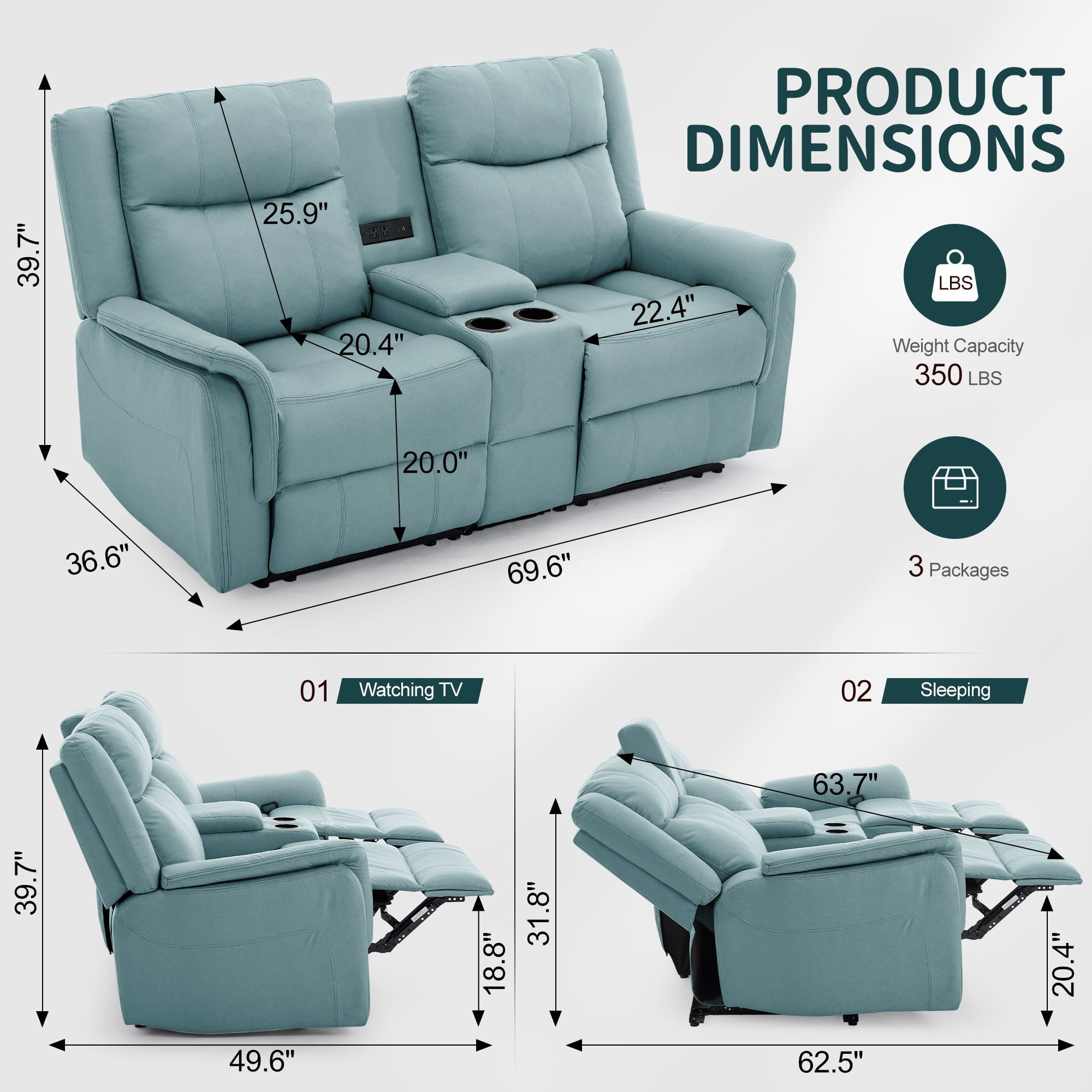 Korser 2-Seater Loveseat Recliner, Reclining Sofa with USB Ports, Cup Holders for Home Theater,Blue