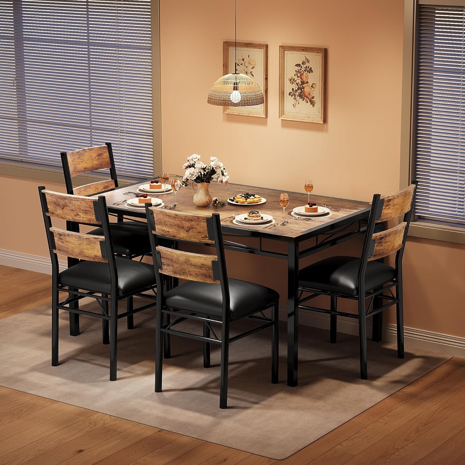 5 piece Dining Table Set for 4,  Corner Protector with Upholstered Chairs for, Kitchen Room, Apartment
