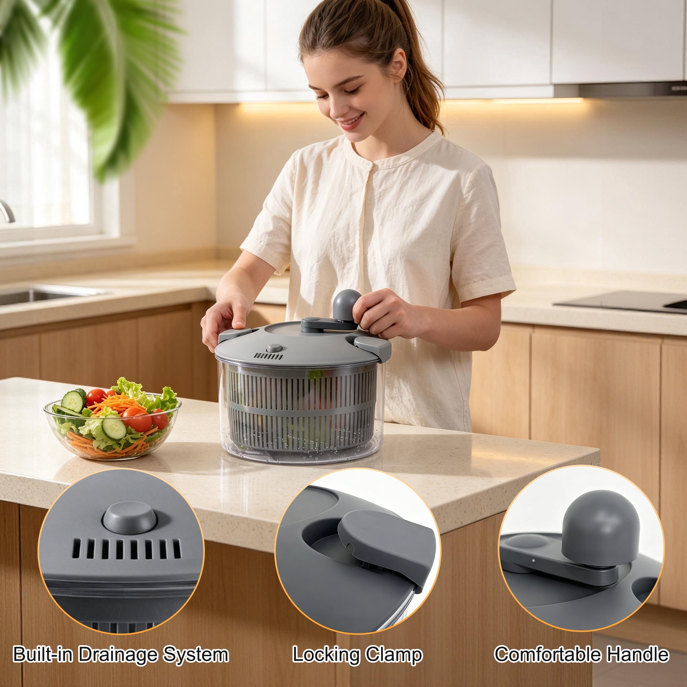 Large Salad Spinner 4.5L/4.8QT, Manual Crank Lettuce Dryer, Vegetable Washer with Locking Lid & Drain System for Fruit Greens Pasta