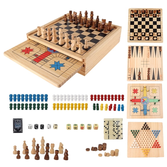 GSE Games & Sports Expert 9-in-1 Wooden Chess, Checkers, Backgammon, Chinese Checkers, Dominoes, Tic-Tac-Toe, Ludo, Play Card & Poker Dice Game Combo Set