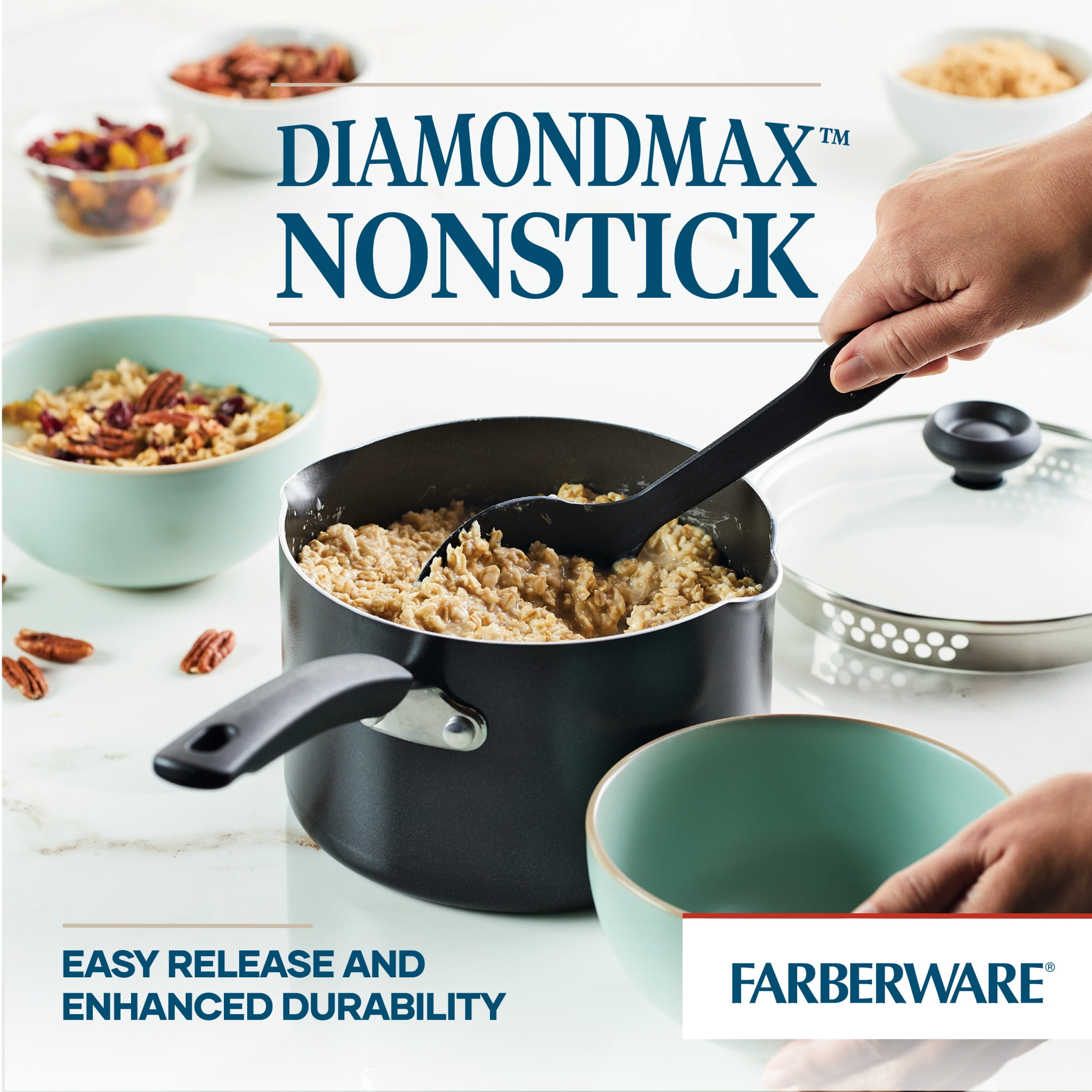Farberware Easy Clean 3 qt Nonstick Straining Saucepan with Pouring Spout, Lid, Dishwasher Safe, Black