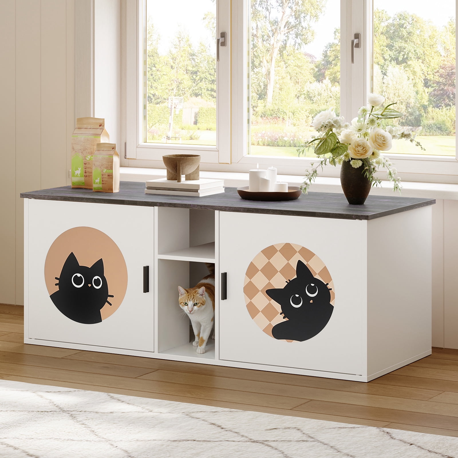 HOOBRO Double Cat Litter Box Enclosure with Middle Storage Shelf, Dual Hidden Litter Box Furniture, Unique Patterned Litter Box Cabinet, White and Charcoal Gray BW25MW01