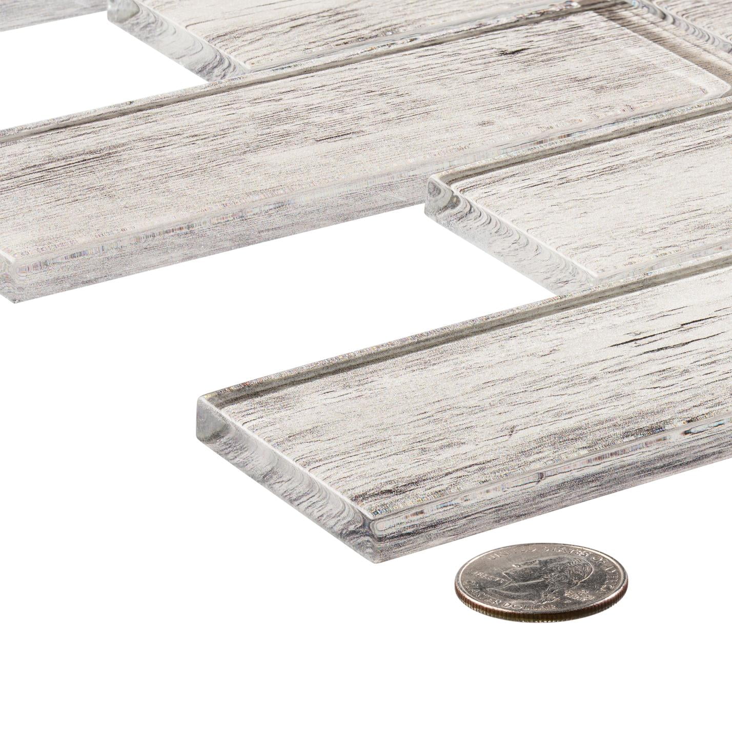 Migdal Kaspian Gray 2-in. x 6-in. Brick Joint Wood Look Glossy Glass Mosaic Wall and Floor Tile