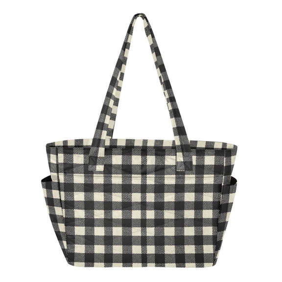 Women's Quilted Black White Gingham Tote Bag with Zipper Large Polyester Shoulder Bag with Laptop & Luggage Sleeve Cute Printed for Work School Travel