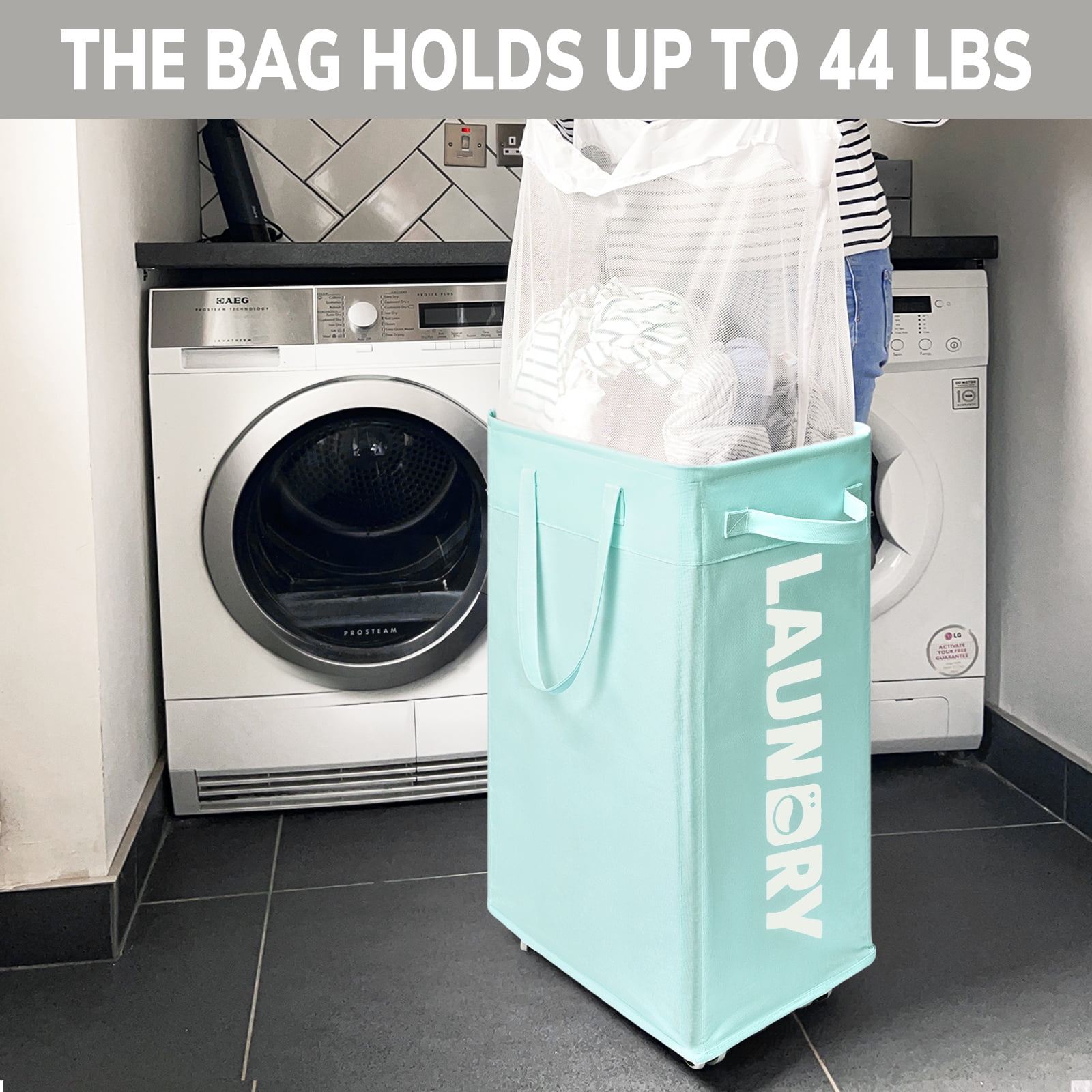 HICHEN Rolling Laundry Basket with Wheels,75L Large Collapsible Laundry Hamper with Removable Wash Bag Space for living room, Blue