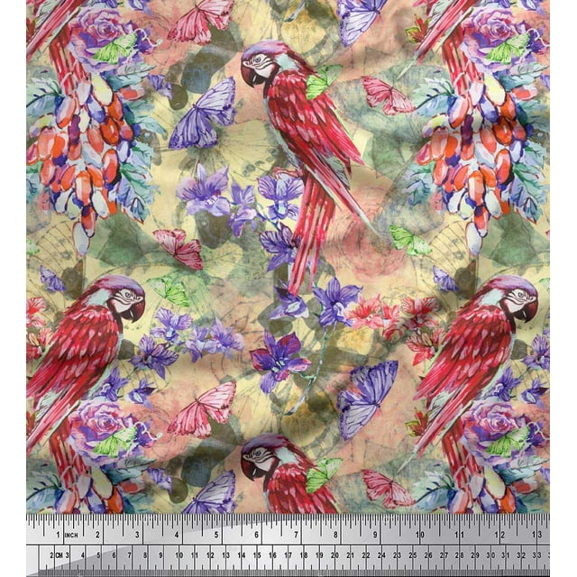 Soimoi Orange Poly Georgette Fabric Floral,Insect & Parrot Bird Decor Fabric Printed BTY 42 Inch Wide