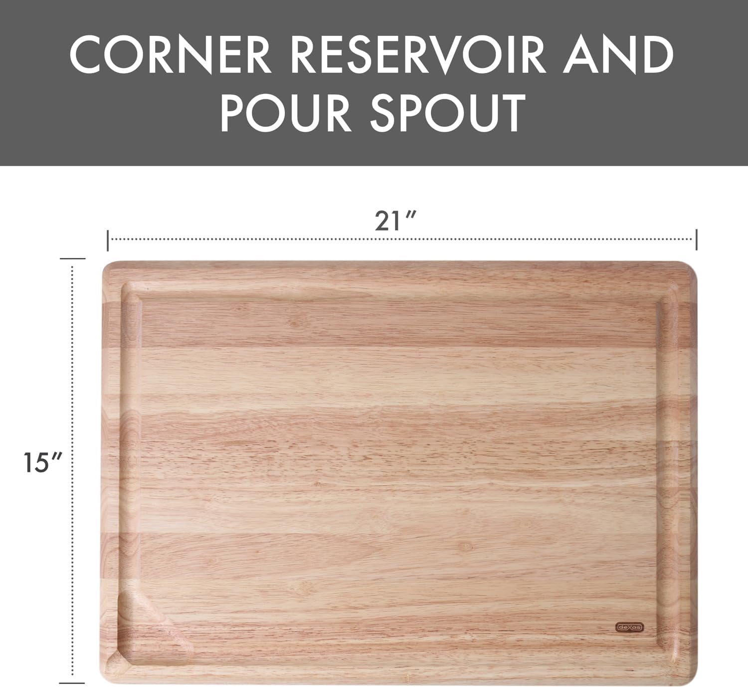 Dexas Rubberwood Pour Spout Cutting Board – 21" x 15" x 1" | Juice Groove, Easy-Pour Corner, Heavy-Duty Wood Board for Carving & Chopping