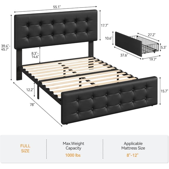 Eastvita Full-Size Black Faux Leather Bed Frame with Button Tufted Headboard/4 Drawers/Wooden Slats Included