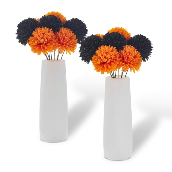 Black & Orange Mums Artificial Flowers with 2 White Vases, Silk Chrysanthemum Centerpiece – Fake Fall Flower Decor for Halloween, Gothic Wedding, Christmas or Home