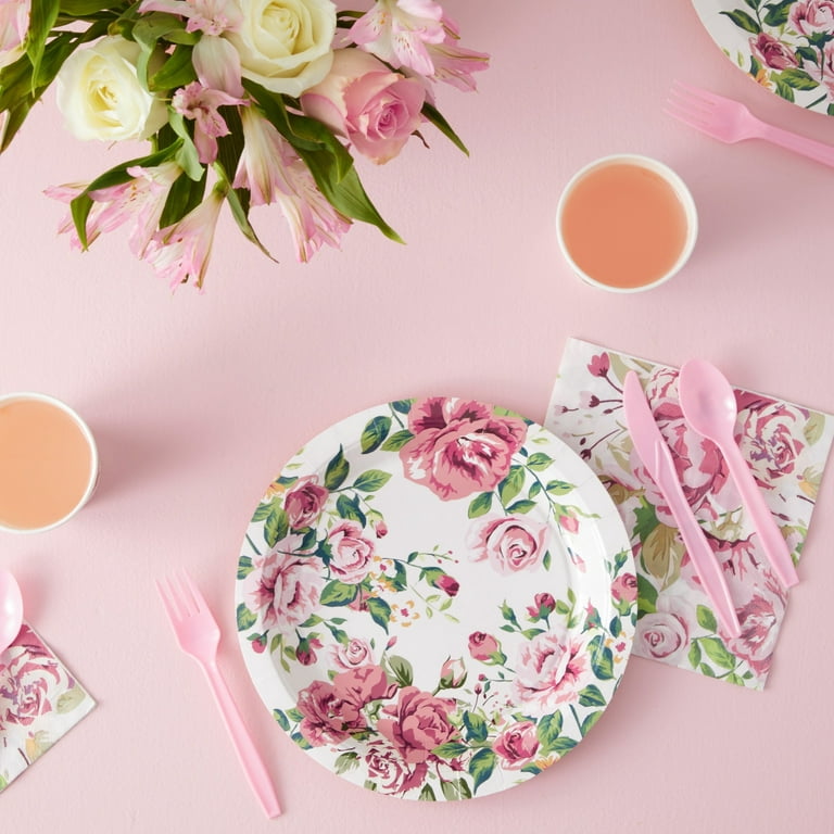144 Piece Vintage Style Tea Party Supplies with Pink Floral Paper Plates,  Napkins, Cups, and Cutlery, Disposable Tableware Set for Girls Baby Shower,  Wedding, Serves 24 