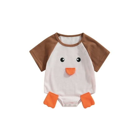 

Infant Baby Boy Girl Waffle Rompers Short Sleeve Crew Neck Contrast Color Cartoon Duck Jumpsuits