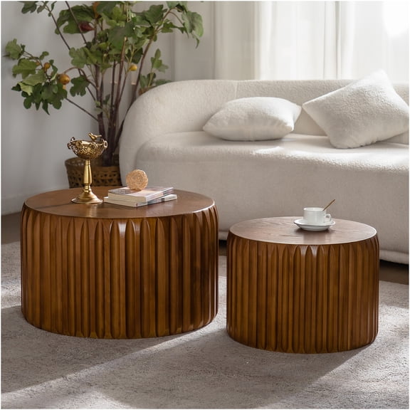 JERFIT Mid-Century Modern Nesting Coffee Table Set of 2, Fluted Round Side Table for Living Room, Walnut Finish Solid Wood & MDF