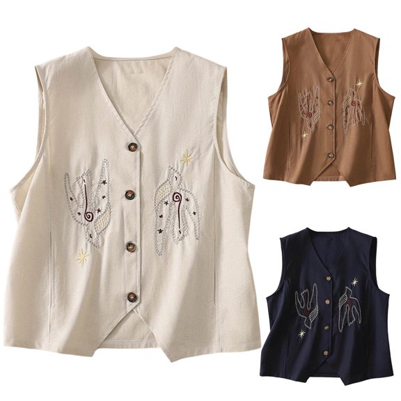 HongQid Embroidered V Neck Vest for Women Boho Sleeveless Button Down Casual Waistcoat with Pockets
