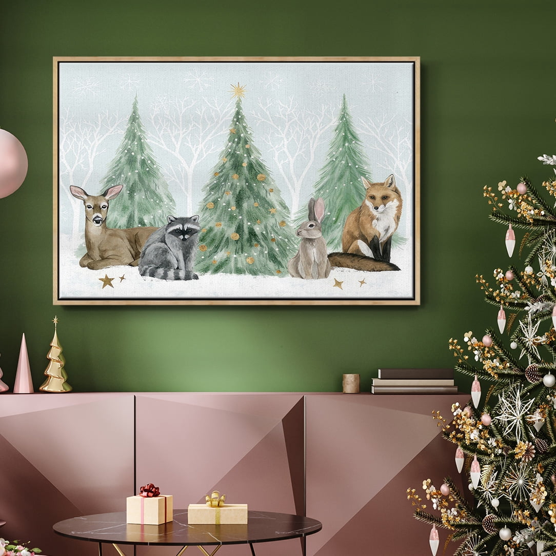 Christmas in the Forest Collection A - Framed Gallery Wrapped Holiday Canvas - 17 x 25 - Natural Wood Frame