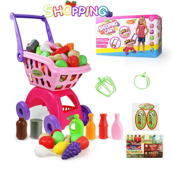 NimJoy 17Pcs Pink Kids Big Toy Shopping Cart W/Play Foods ABS Toy for Girls 3-6 Years Boys, Pretend Play Shopping Grocery Play Set Gifts to Toddlers, Extra Gift Box