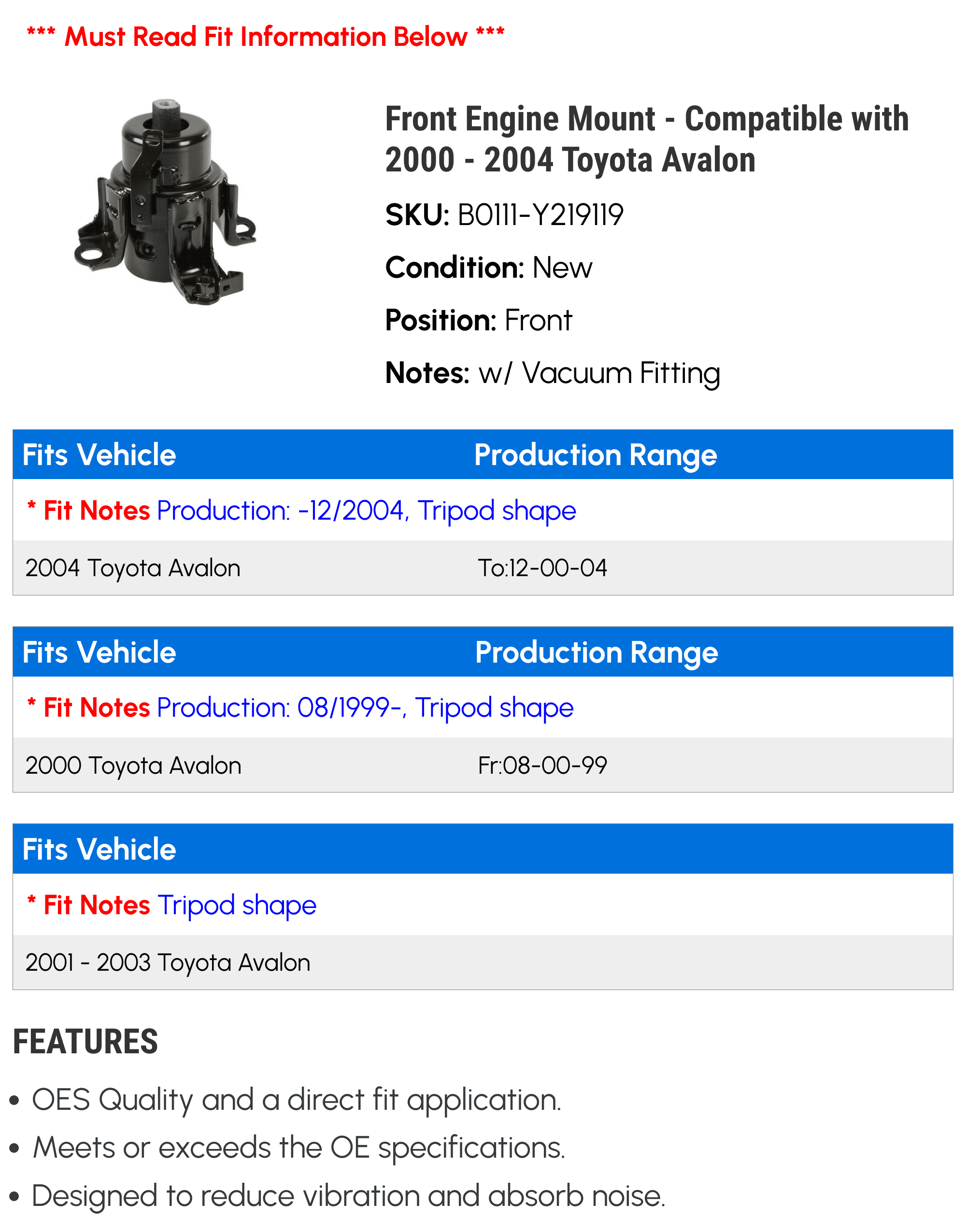 Front Engine Mount - Compatible with 2000 - 2004 Toyota Avalon 2001 2002 2003