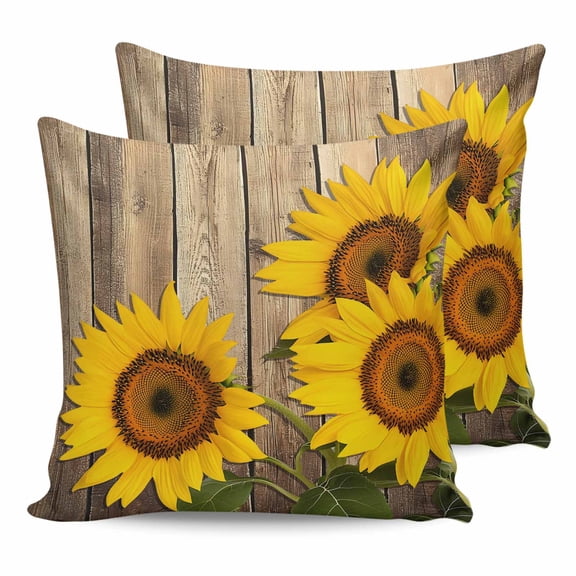 Outdoor Waterproof Throw Pillow Covers Set of 2 Sunflower Decorative Pillowcases Square Outdoor Pillows Cushion Case 18x18 Inch Farmhouse Floral Plant Wood Grain Patio Pillows for Couch Sofa Bed