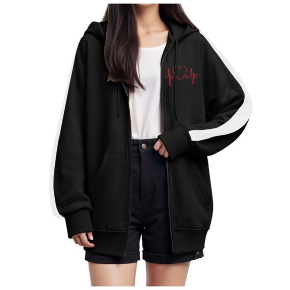Long Sleeve Tops for Women Winter Comfy Hooded Bubble One Shoulder Hoody Heart Print Zip-Up Polyester Hoodie Hoodies(Black,XL)