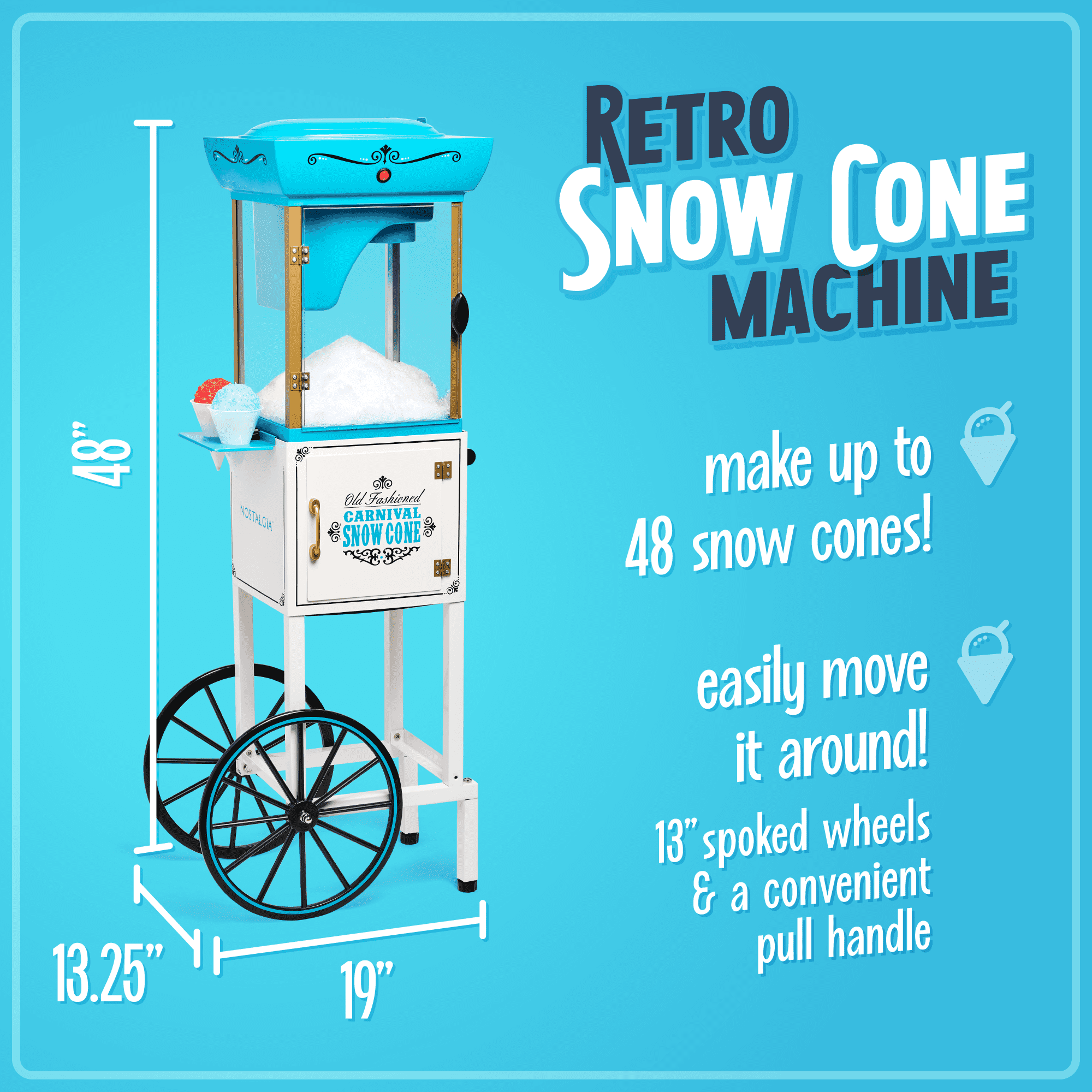 Nostalgia 48-Inch Retro Snow Cone Maker Cart and Shaved Ice Machine with Built-In Storage, White Blue