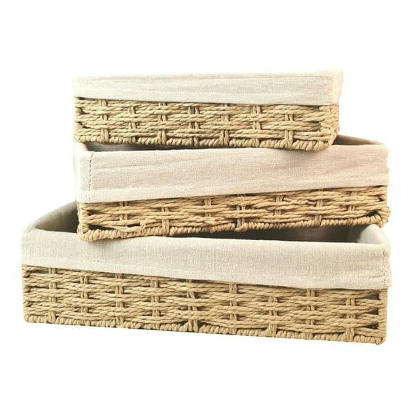 Amdohai 3Pcs Wicker Storage Basket Hand-Woven Paper Rope Shelf Baskets Storage Bins Organization Nesting Baskets Beige