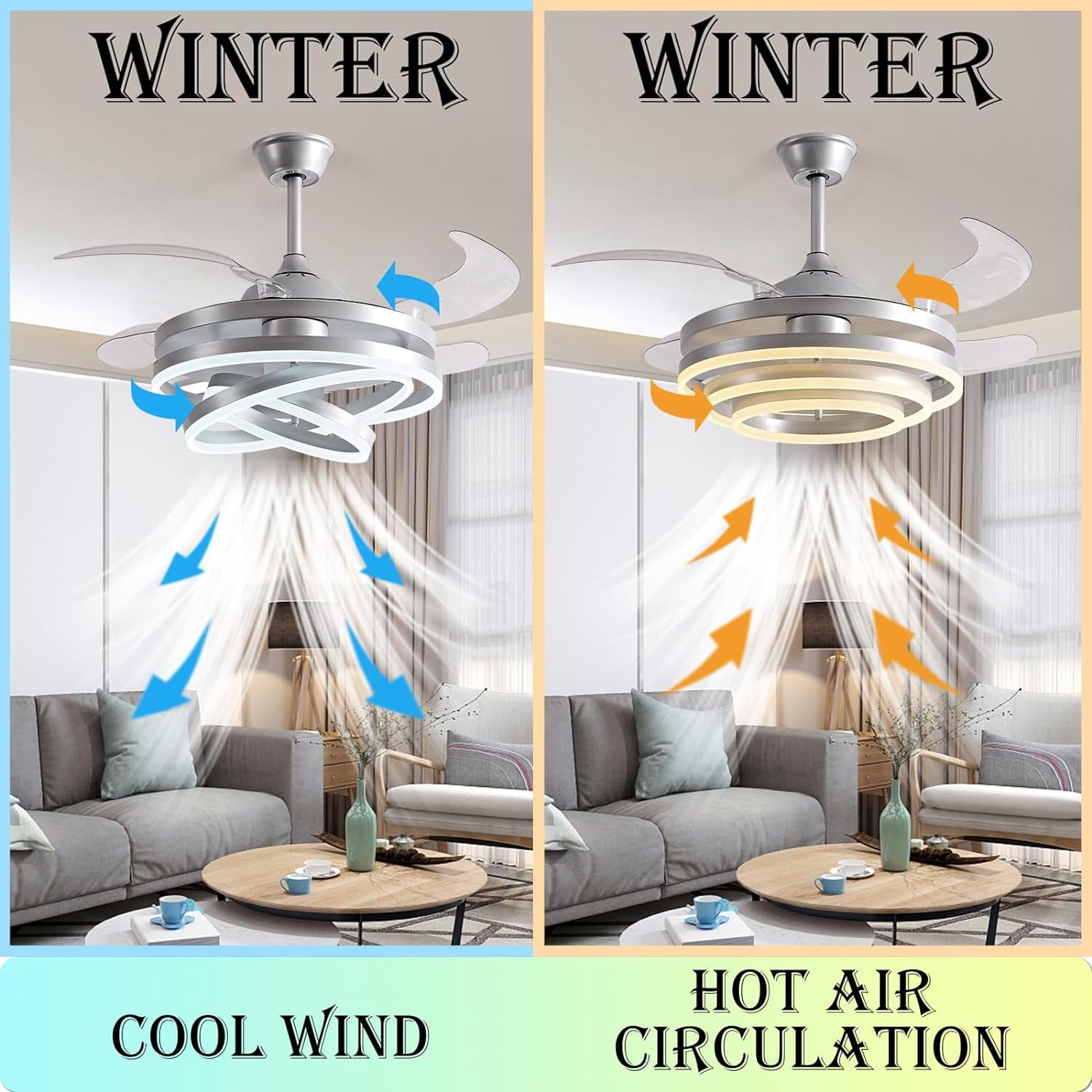 Datingday 42" LED Invisible Ceiling Fan Chandelier,Modern DIY Ceiling Fan Light Remote Control 4 Retractable ABS Blades for Bedroom Living Dining Room Decoration (Silver)