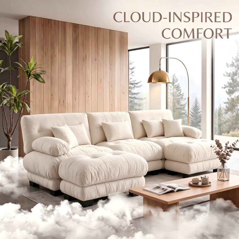 ANPPORT Cloud Couch Sleeper Sofa, Chenille Light Coffee 3-Seater Modular Sofa with 2 Ottomans, 3 Lumbar pillows,2 Pillows, Comfy Deep Seat Cloud Sofa, Convertible L-Shaped Floor Couch for Living Room