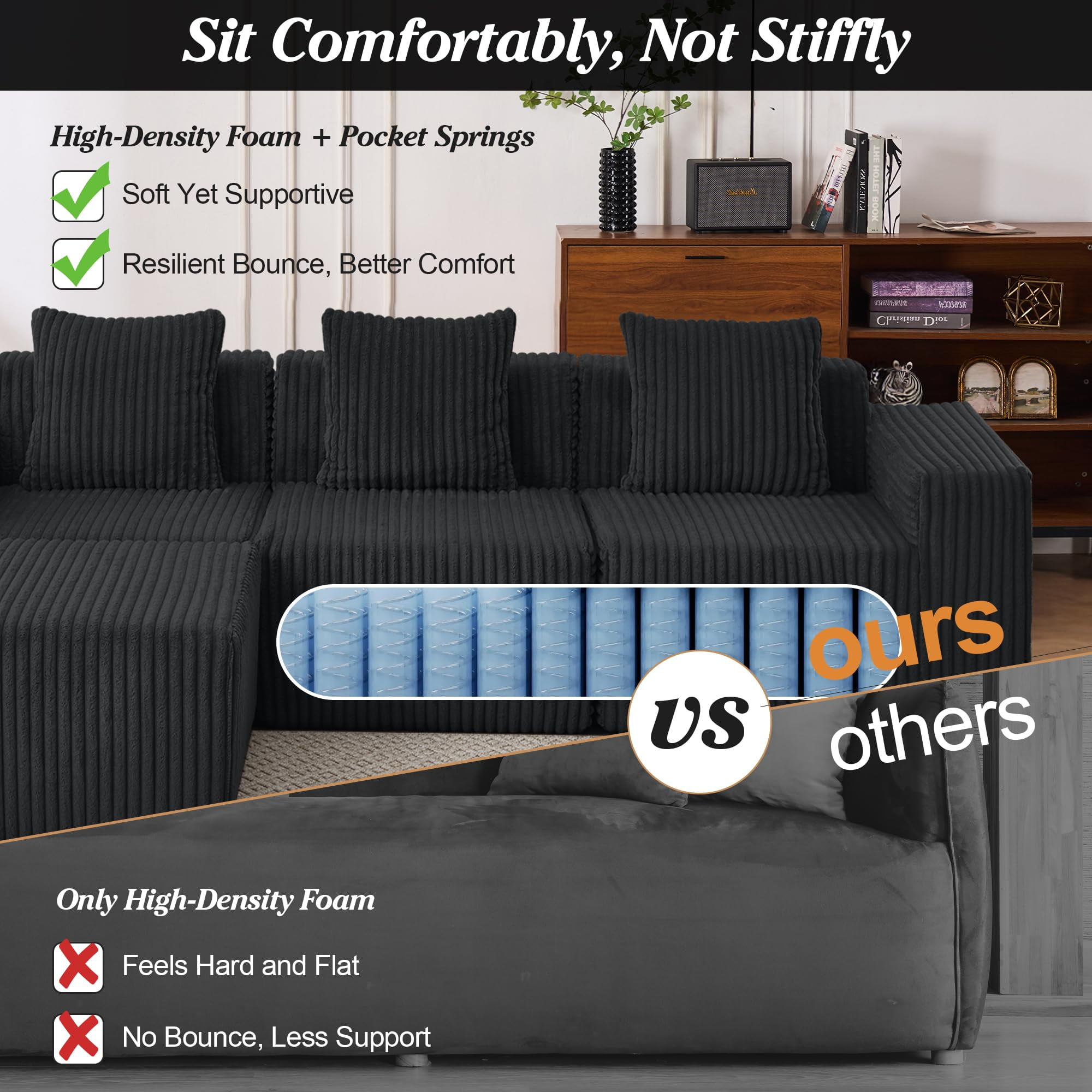 101" Boneless Memory Foam Sectional Sofa, Corduroy Could Modular Sectional Couch, Comfy L Shaped Compression Couches with Chaise for Living Room, No Assembly Required (Black, 101in)