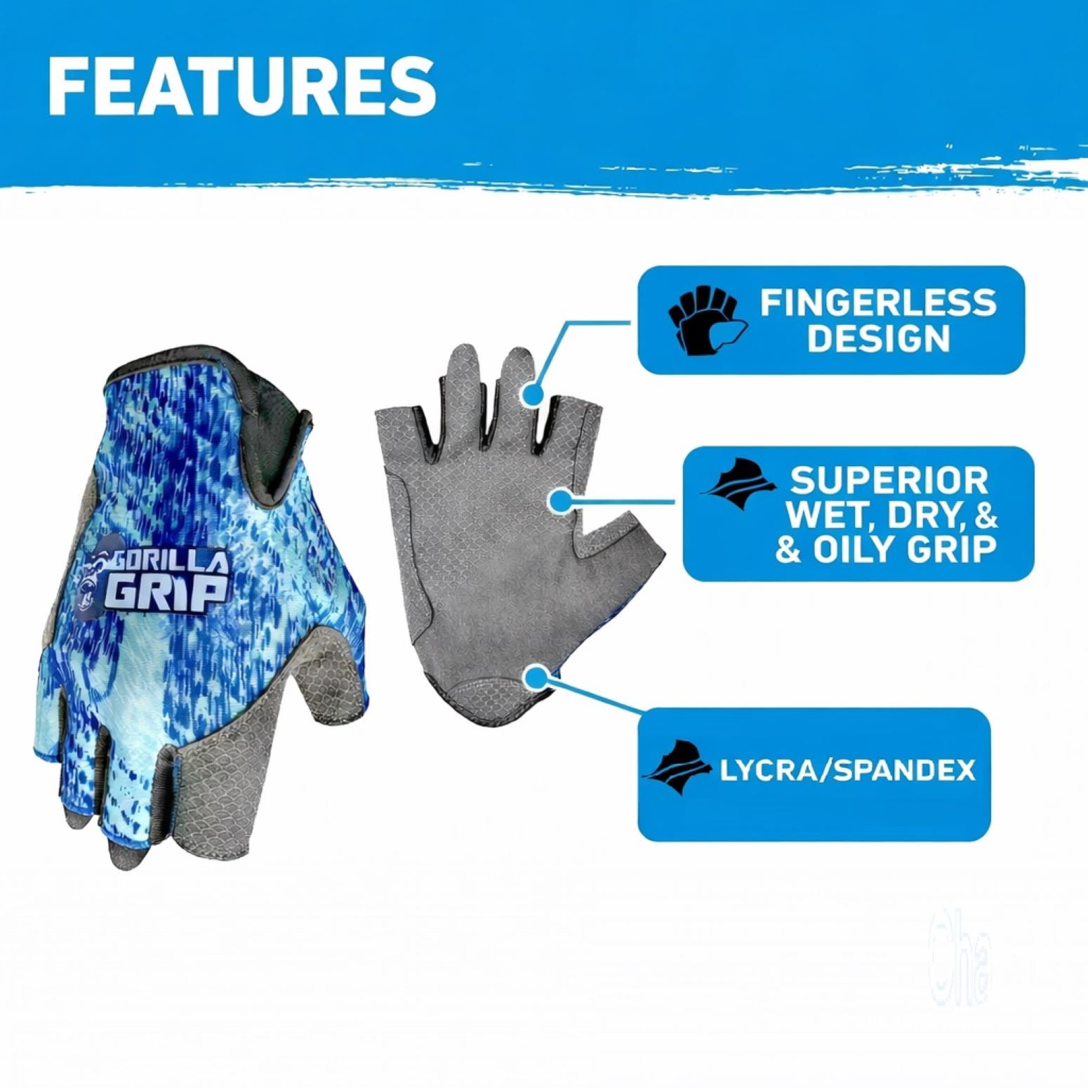 (2 pack) Gorilla Grip High Performance Finger-less Gloves, Blue Shatter, Heavy Duty Lycra, L, Unisex, 1 Pair