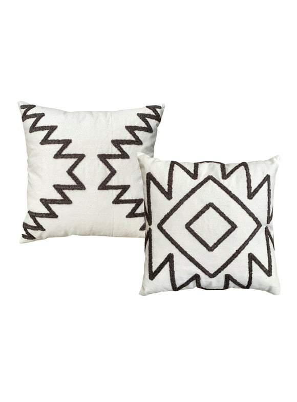 17 x 17 Inch 2 Piece Square Cotton Accent Throw Pillow Set with Modern Geometric Aztec Design Embroidery, White, Gray,