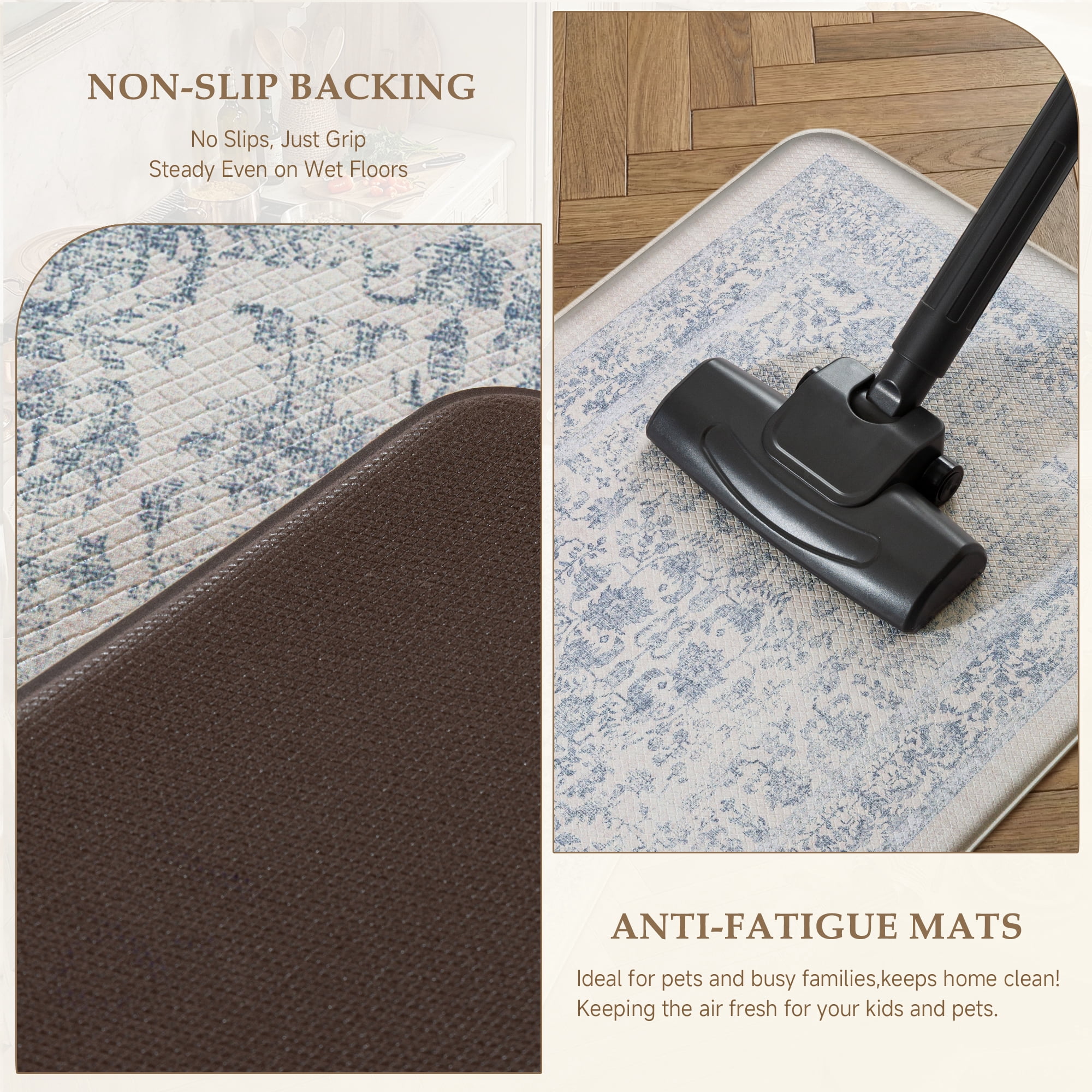BERTHMEER Kitchen Rugs for Floor 2 Piece, 17.3"x30"+17.3"x47" Anti Fatigue Waterproof Blue Kitchen Mats, Non Slip Comfort Standing Mat Rug for Home, Sink, Laundry, Blue