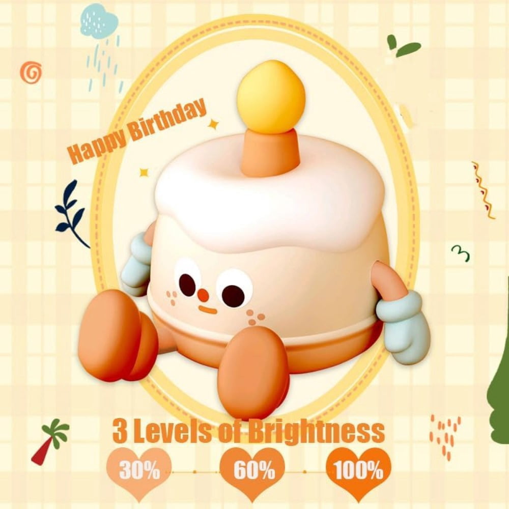 Night Light for Kids, Cute Happy Birthday Cake Night Lights with Music, Rechargeable Timer Silicone Nursery Lamp, 3 Levels Light & Phone Holder, Baby Night Light for Christmas Festival Gift (Orange)