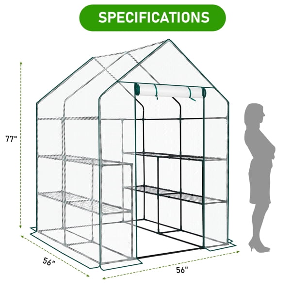 Mini Walk-in Greenhouse with PE Cover, 8-Shelf Indoor Outdoor Plant Gardening Green House for Garden Backyard, 56" x 56" x 77", White