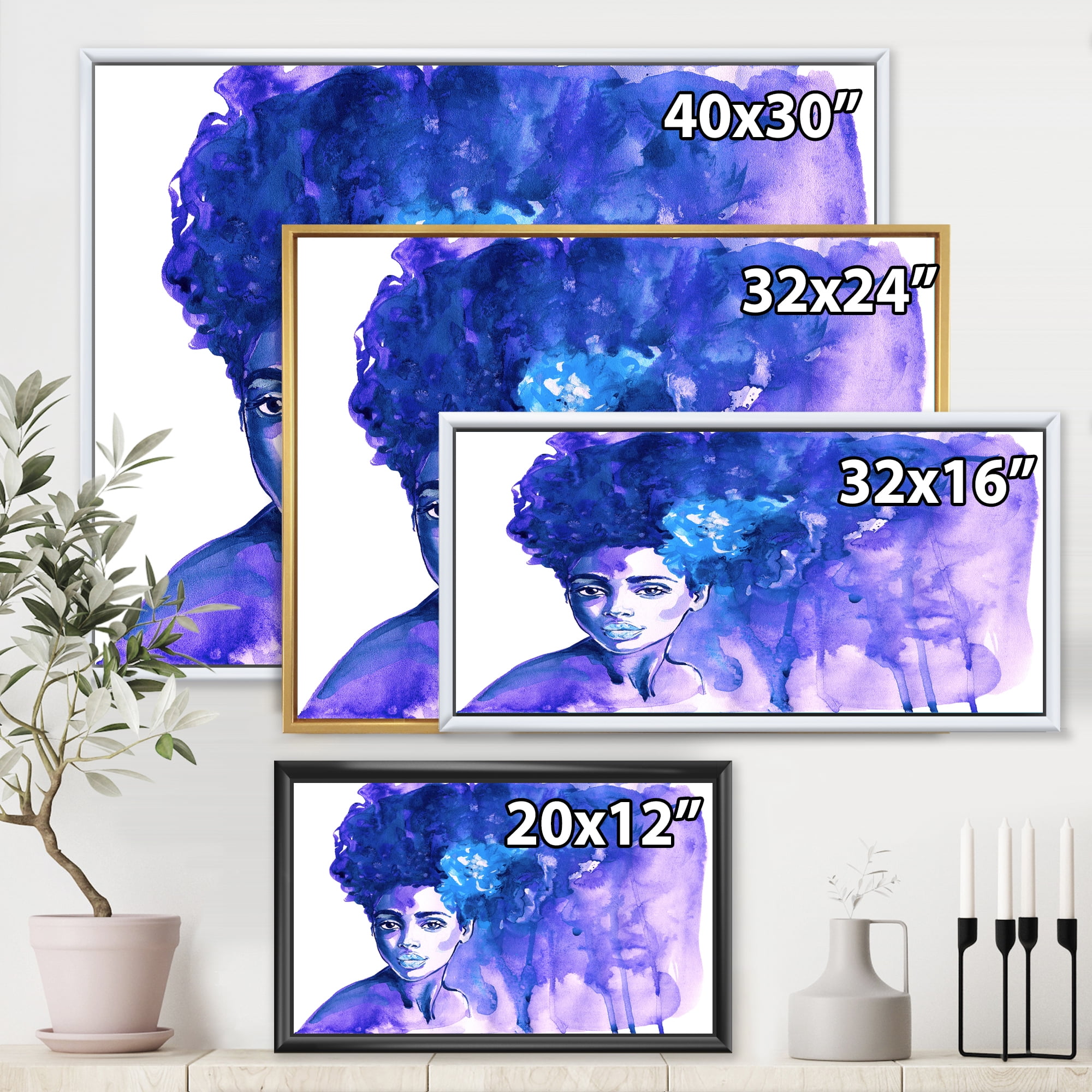 Designart 'Glorious Blue Portrait of Afro American Woman' Modern Framed Canvas Wall Art Print
