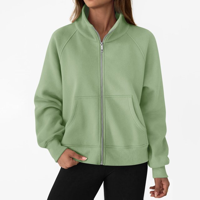 CHCNHAC Vestes à Capuche Zippées pour Femmes Décontractées Douces Confortables en Polaire Poches Doubles Grande Taille Col Rond Chandails en Molleton Automne 2025 Y2k Vert Armée 2TG