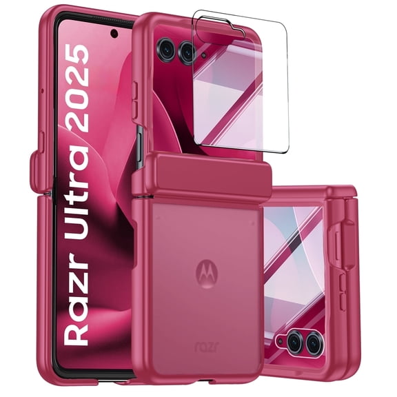 Vizvera for Motorola Razr Ultra 2025 With Hinge Protection,Screen Protector,Skin Feel Translucent Frosted,For Wireless Charging Phone Case-Rose Red