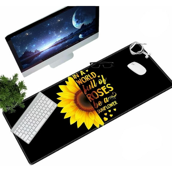 Desk Pad Mat Large Mouse Pad XL Extended Mousepad Gaming with Sunflower Black 31.5" *11.8" Huge Mouse Pads for Computer Laptop Home Office