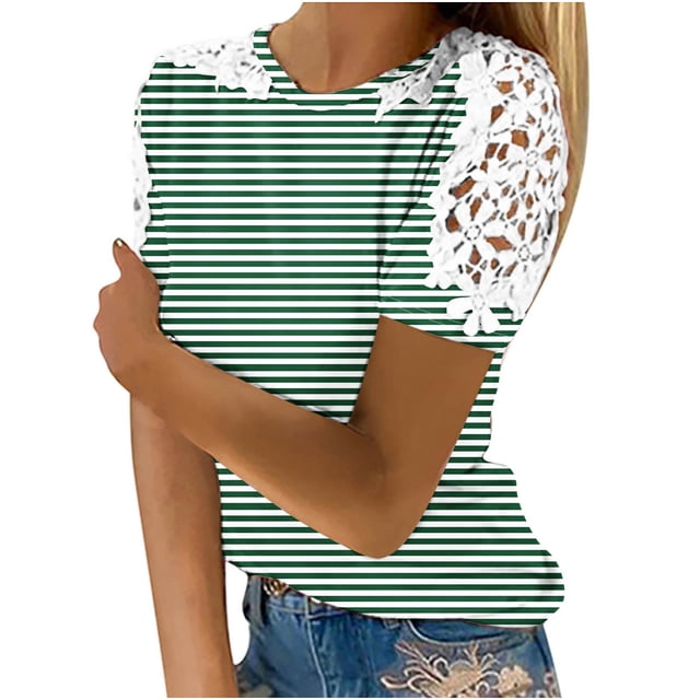 Camisas de Manga Corta para las Mujeres Impresión Cuello Redondo Suéter Encaje Camisa, Blusa de Verano Casual para las Mujeres