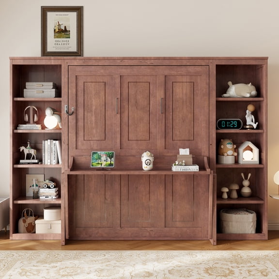 Harper & Bright Designs Full Size Murphy Bed with Desk, Wooden Full Cabinet Bed Wall Bed with Bookshelf, Folding Wall Chest Bed for Bedroom Guest Room, Dark Brown